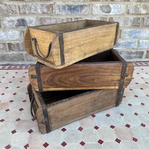 Rustic Primitive Farmhouse Decor Vintage Wooden Brick Mold W/ Iron Handles Box 13x6x4 Tray Planter Bowl Crate Bucket Drawer image 10