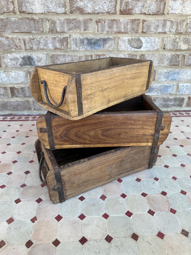 Rustic Primitive Farmhouse Decor Vintage Wooden Brick Mold W/ Iron Handles Box 13x6x4 Tray Planter Bowl Crate Bucket Drawer image 10