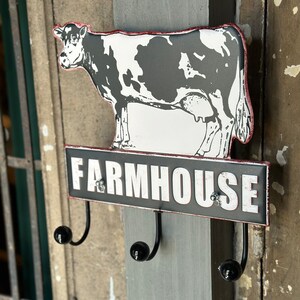 Farmhouse Dairy Cow Metal Sign Three Hook Wall Wall Hanger Keys Coat Towel Art Home Decor Milk