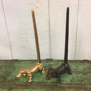 Cast Iron Dog Paper Towel Holder Cute Dachshund Puppy Rustic Toilet Twine Brown Gold