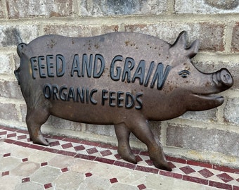 Vintage Style Metal Feed & Grain Organic Feeds Pig Sign Antique Farmhouse Silhouette 19” x 10”