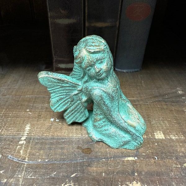 Cast Iron Verdigris Green Sitting Fairy Statue Angel Wings Antiqued Bronze Figurine Cherub Pixie Elf Garden Art