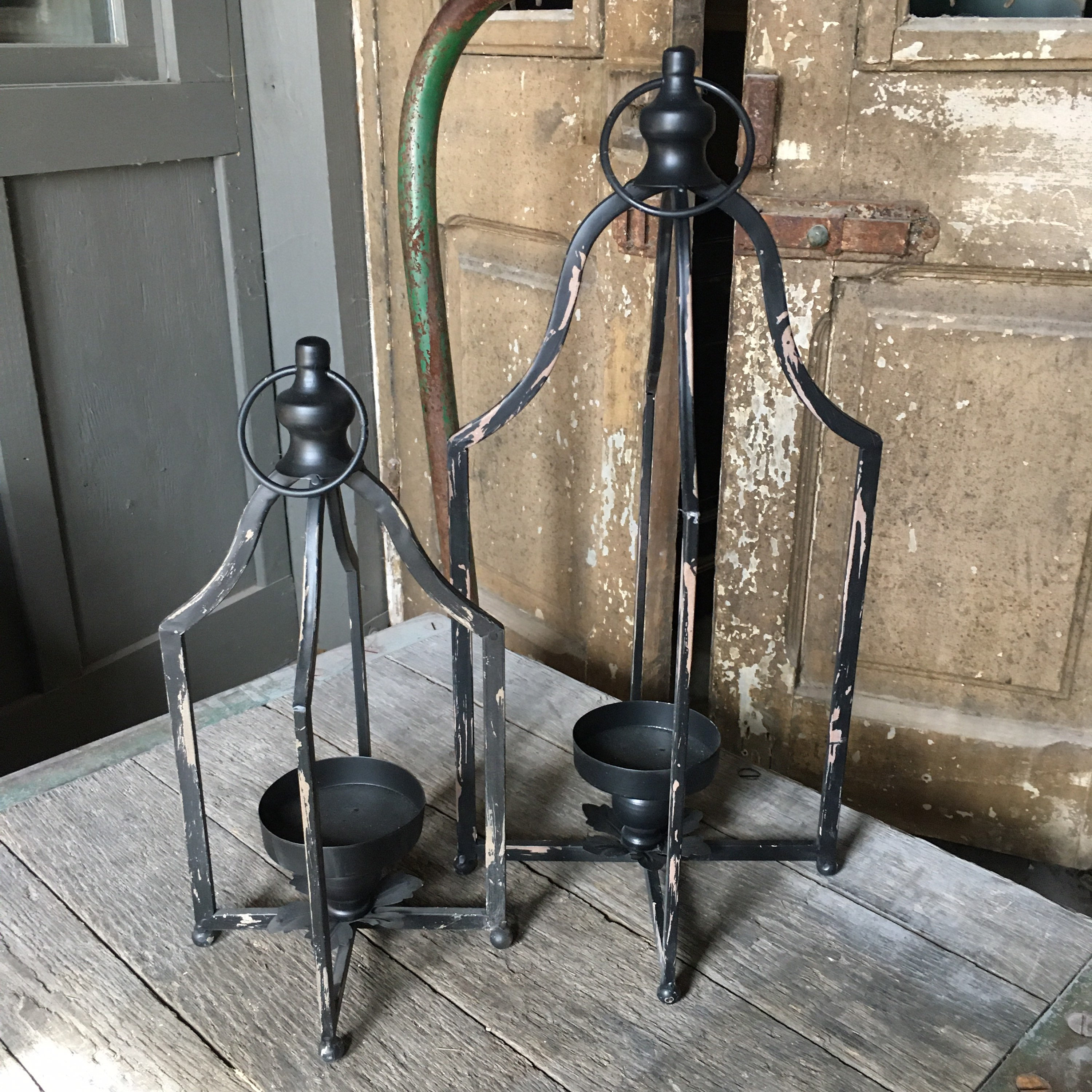 Set of 2 Rustic Metal Distressed Black Candle Holder Lanterns Farmhouse ...