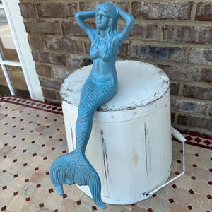 Large 17” Cast Iron Nautical Sitting Mermaid Statue Sitting Blue Beach House