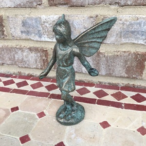 6” Cast Iron Verdigris Green Fairy Statue Angel Wings Antiqued Bronze Figurine Cherub Pixie Elf Garden Art