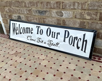 36”x9” Welcome To Our Porch Hanging Metal Sign Embossed Enameled Style