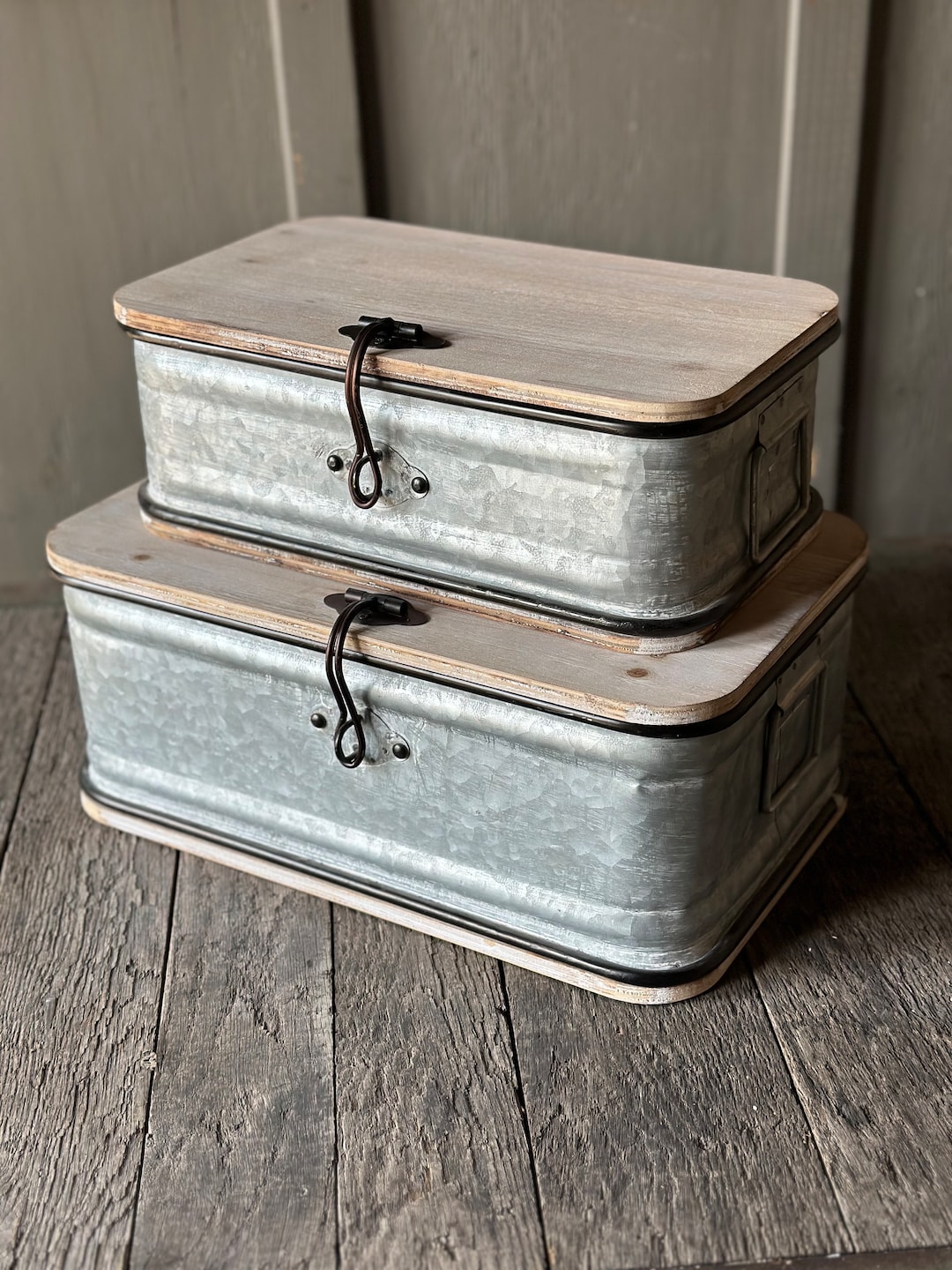 Set of 2 Wood & Galvanized Metal Boxes With Lids, Handles, and Latch