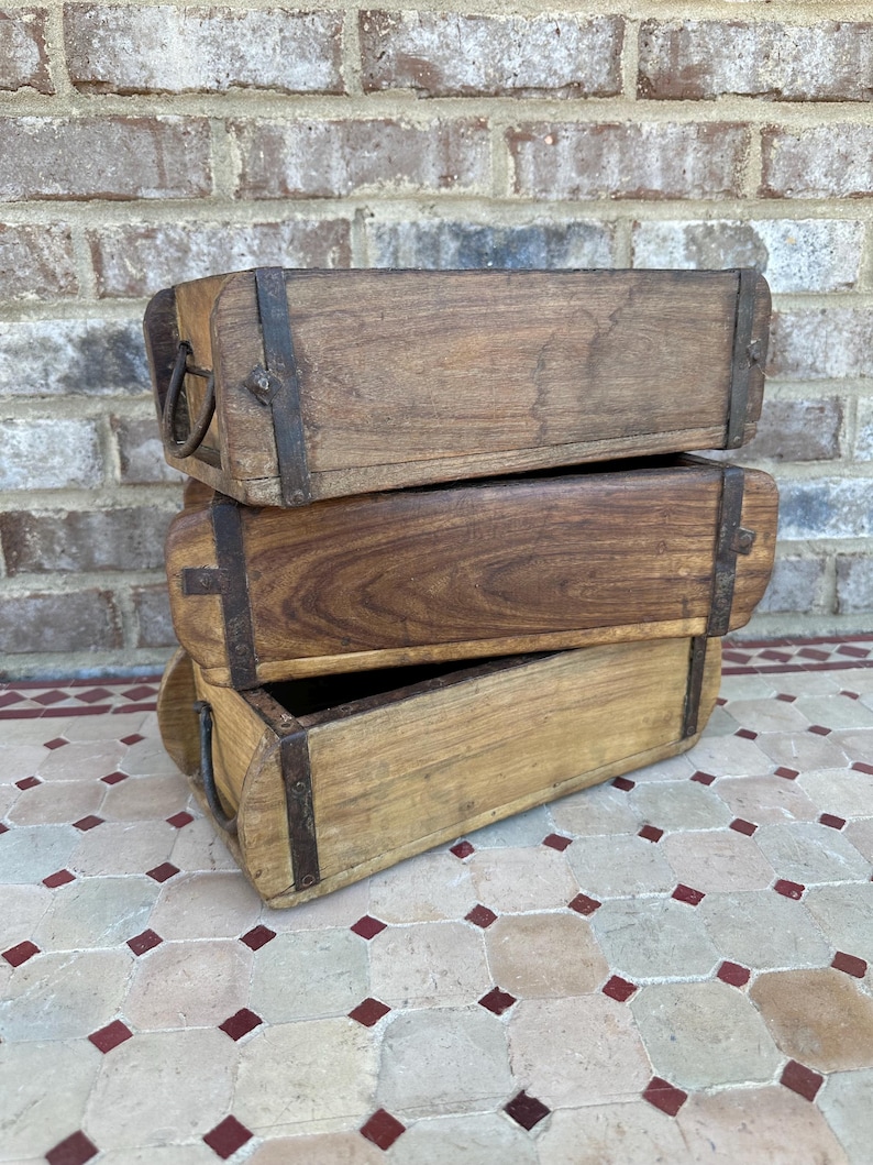 Rustic Primitive Farmhouse Decor Vintage Wooden Brick Mold W/ Iron Handles Box 13x6x4 Tray Planter Bowl Crate Bucket Drawer image 9