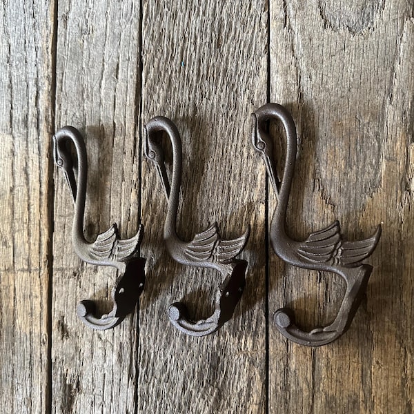 Juego de 3 ganchos de pared con forma de cisne, estilo Art Nouveau, de hierro fundido antiguo con forma de grulla, estilo Art Déco.