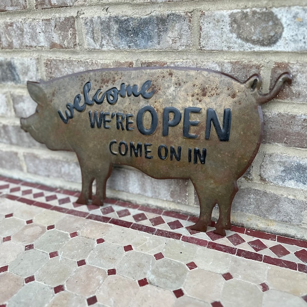 Vintage Style Metal Welcome We’re Open come On In Pig Sign Antique Farmhouse Silhouette Bar B Q BBQ