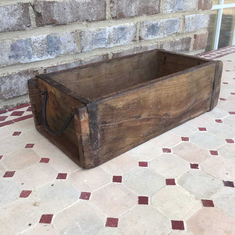 Rustic Primitive Farmhouse Decor Vintage Wooden Brick Mold W/ Iron Handles Box 13x6x4 Tray Planter Bowl Crate Bucket Drawer image 3