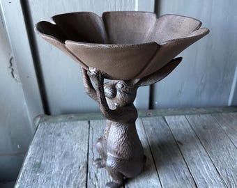 Large Full-Size Rabbit Holding Bowl Cast Iron Bunny Bird Feeder