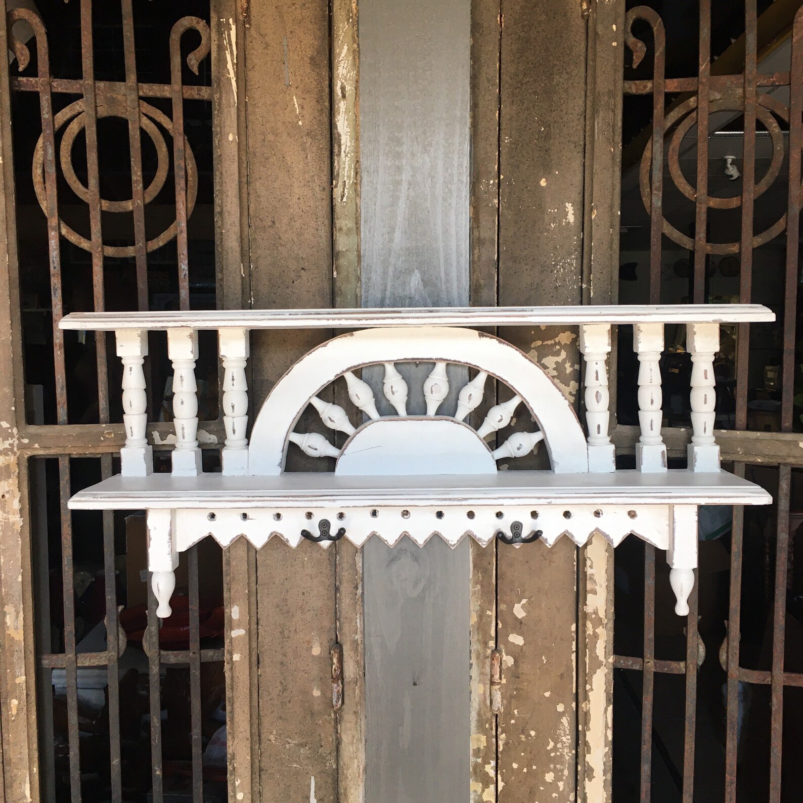 Handcarved White Wooden Wall Hanging Shelf Double Twotier Etsy