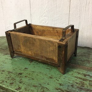 Rustic Primitive Farmhouse Decor Vintage Wooden Box On Stand W/ Iron Corners Metal Handles 10x6x6 Tray Planter Bowl Bucket Industrial