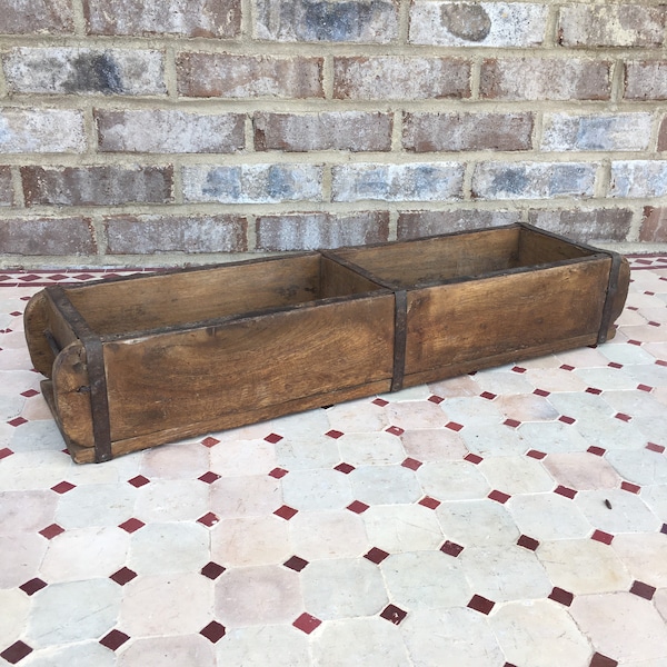 Antique Rustic Primitive Farmhouse Double Wooden Brick Mold Box 22x6x4 Tray Planter Bowl Bucket Vintage