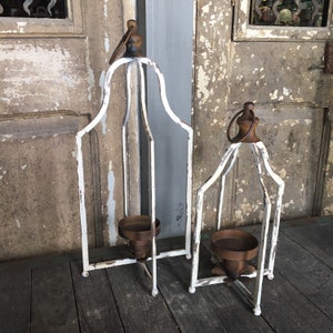 Set of 2 Rustic Metal White-Washed Candle Holder Lanterns Farmhouse Pair