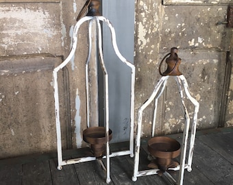 Set of 2 Rustic Metal White-Washed Candle Holder Lanterns Farmhouse Pair