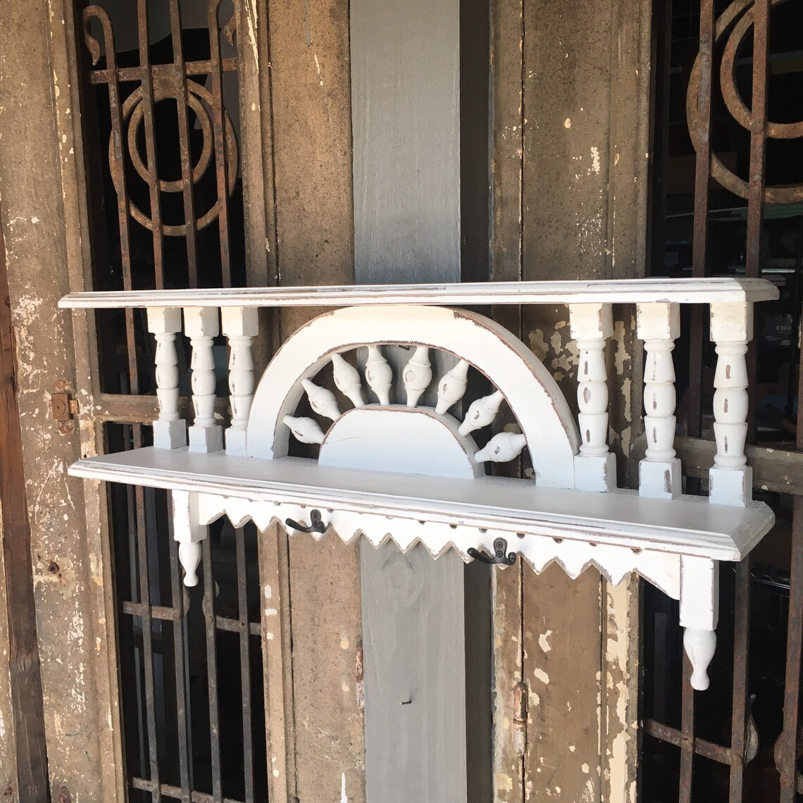 Handcarved White Wooden Wall Hanging Shelf Double Twotier Etsy