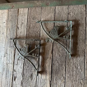 May include: Two bronze-colored metal bird-themed wall brackets. Each bracket features a bird perched on a branch with leaves. The brackets are mounted on a weathered wooden surface, adding a rustic aesthetic.