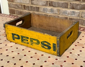 Vintage Yellow Wooden Pepsi Crate Rustic Box Holder Display Bottle Antique Style