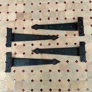 Set Of 4 LARGE HINGES - Strap Hinge, T Hinge, 12&quot; Long, Hand Forged, Gate, Barn, Rustic, Tee, Hardware