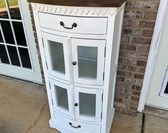 Beautiful White Wooden Bar Cabinet With Stained Top Storage Curved Front Tall Skinny Kitchen Display