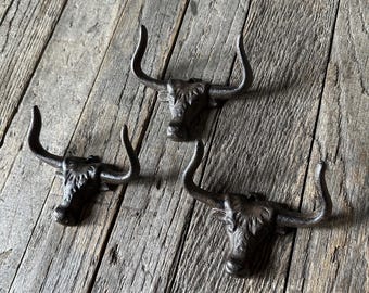 Set Of 3 - Cast Iron Long Horn Bull Wall Hook - Rustic Western Ranch Decor Entryway Towel Key Hanger