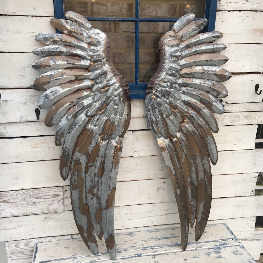 Large 43” Set of Galvanized Metal Angel Wings Pair Rustic Hanging