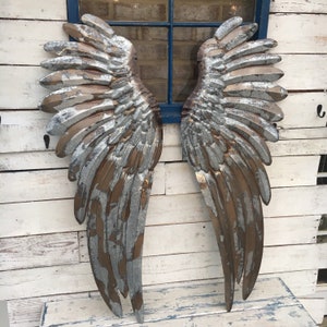 Large 43” Set Of Galvanized Metal Angel Wings Pair Rustic Hanging Wall Decor Art Vintage Style Distressed