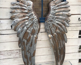 Large 43” Set Of Galvanized Metal Angel Wings Pair Rustic Hanging Wall Decor Art Vintage Style Distressed