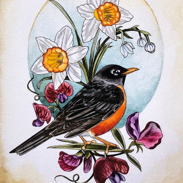 Robin with narcissus and sweet pea