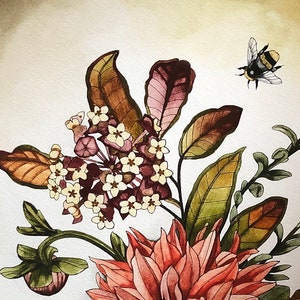 May include: A watercolour painting of a bouquet of flowers with a bee flying above. The flowers are a mix of pink, white, and green. The background is a light brown.