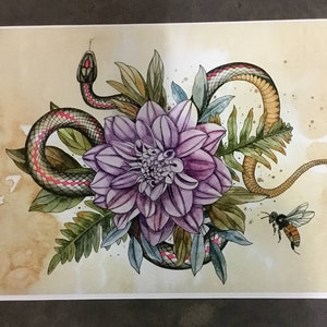 Dahlia, snake, fern and bee