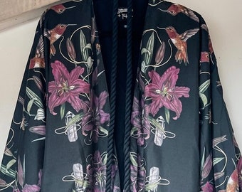 KIMONO JACKET with lilies, Rufus hummingbird, Smokey quartz and Honeybee