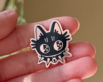 Punk Kitty Hard Enamel Pin, Cute Copper Plated Cat Lapel Badge, Kawaii Black Cat Illustration Accessory, Grunge Spiked Collar, Original Art