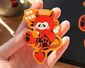 Cute Spooky Devil Sticker, Demon Illustration Matte Vinyl Sticker, Kawaii Halloween Imp No Thanks Decal, Waterproof Cute Devil Cat Drawing