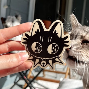 Punk Kitty Vinyl Sticker, Cute Black Cat With Spiked Collar Illustration, Kawaii Minimal Punk Cat Beige and Brown Decal, Unique Original Art