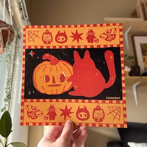 8x8 Spooky Vintage Style Halloween Art Print, Cute Cat Jack-o-Lantern Garden Fall Illustration, Autumn Night Pumpkin Harvest Cat Drawing