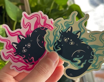 Pink & Green Flame Kitty Matte Vinyl Sticker, Cute Pastel Goth Angry Cat 3in Vinyl Decal, Kawaii Black Cat   Illustration, Fire Demon Kitty