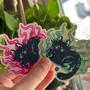 Pink & Green Flame Kitty Matte Vinyl Sticker, Cute Pastel Goth Angry Cat 3in Vinyl Decal