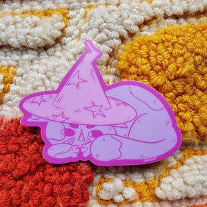 Spooky Halloween Witch Cat Matte Vinyl Sticker, Neon Pink & Purple Sneaky Wizard Kitty, Cute Magical Cat Pastel Spooky Season Illustration