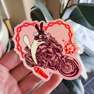 On His Way To Steal Your Heart Cute Motorcycle Cat Matte Vinyl Sticker, Pink Heart Flail Illustration, Punk Angry Bunny Kitty Love Design