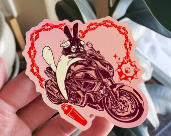 On His Way To Steal Your Heart Cute Motorcycle Cat Matte Vinyl Sticker, Pink Heart Flail Illustration, Punk Angry Bunny Kitty Love Design