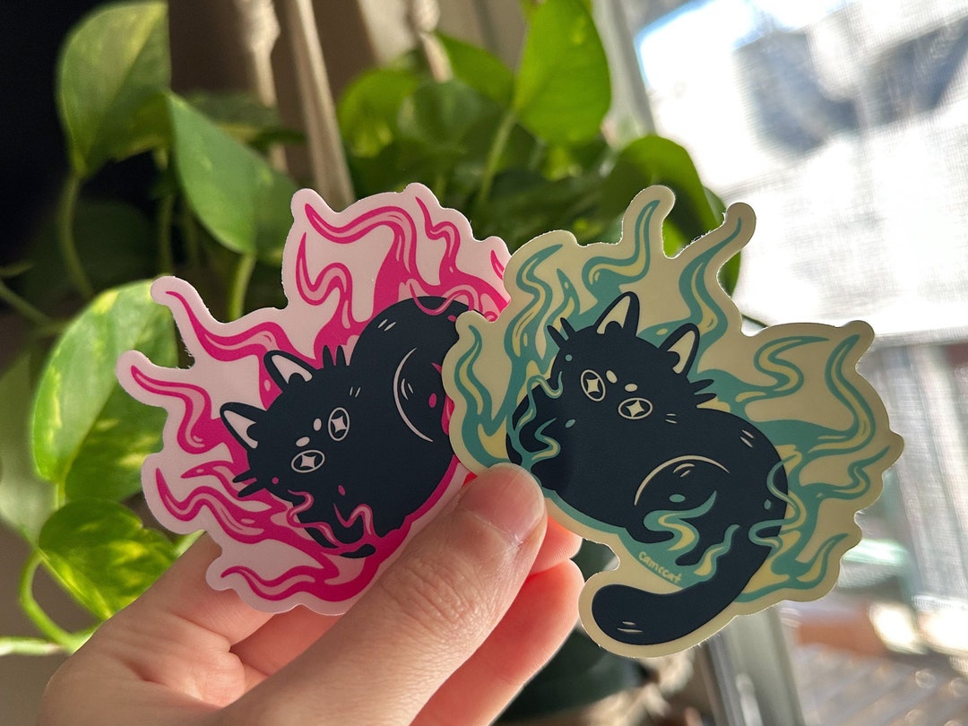 Pink & Green Flame Kitty Matte Vinyl Sticker, Cute Pastel Goth Angry Cat 3in Vinyl Decal, Kawaii Black Cat Illustration, Fire Demon Kitty
