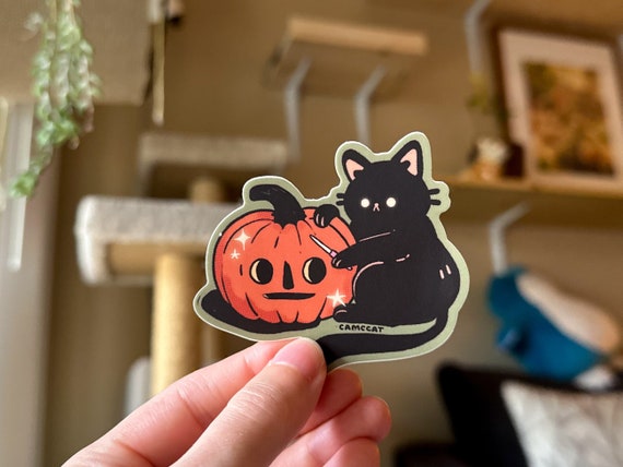 Spooky Kitty Jack-O-Lantern Matte Vinyl Sticker, Retro Halloween Black Cat With A Knife Illustration, Pumpkin Carving Fall Cottagecore Decal