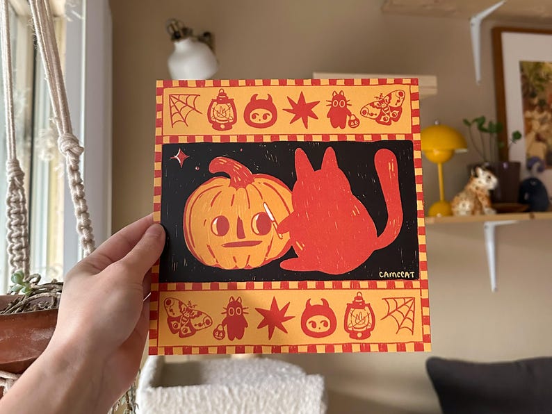 8x8 Spooky Vintage Style Halloween Art Print, Cute Cat Jackolantern