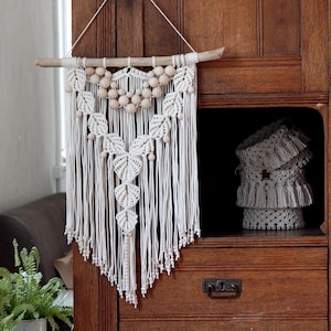 Macrame Wall Hanging with Beads – Boho Wall Art, Farmhouse Decor, Housewarming Gift, Rustic Aesthetic, Bedroom or Living Room