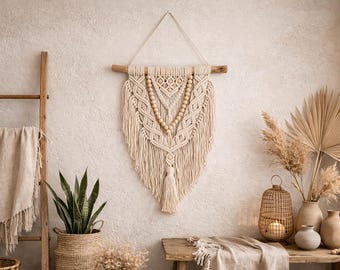 Boho makrama ścienna, eklektyczny wystrój domu, sztuka ścienna boho, styl mid-century modern