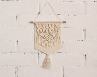 Boho Decor Handmade Wall Hanging Banner | Pennant Linen Flag “HOME” Decoration With Macrame & Handmade Stencil Print
