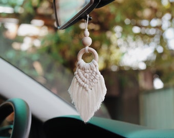 Natural White Boho Car Accessories, Car Oil Diffuser Hanging, Handmade Car Mirror Charm